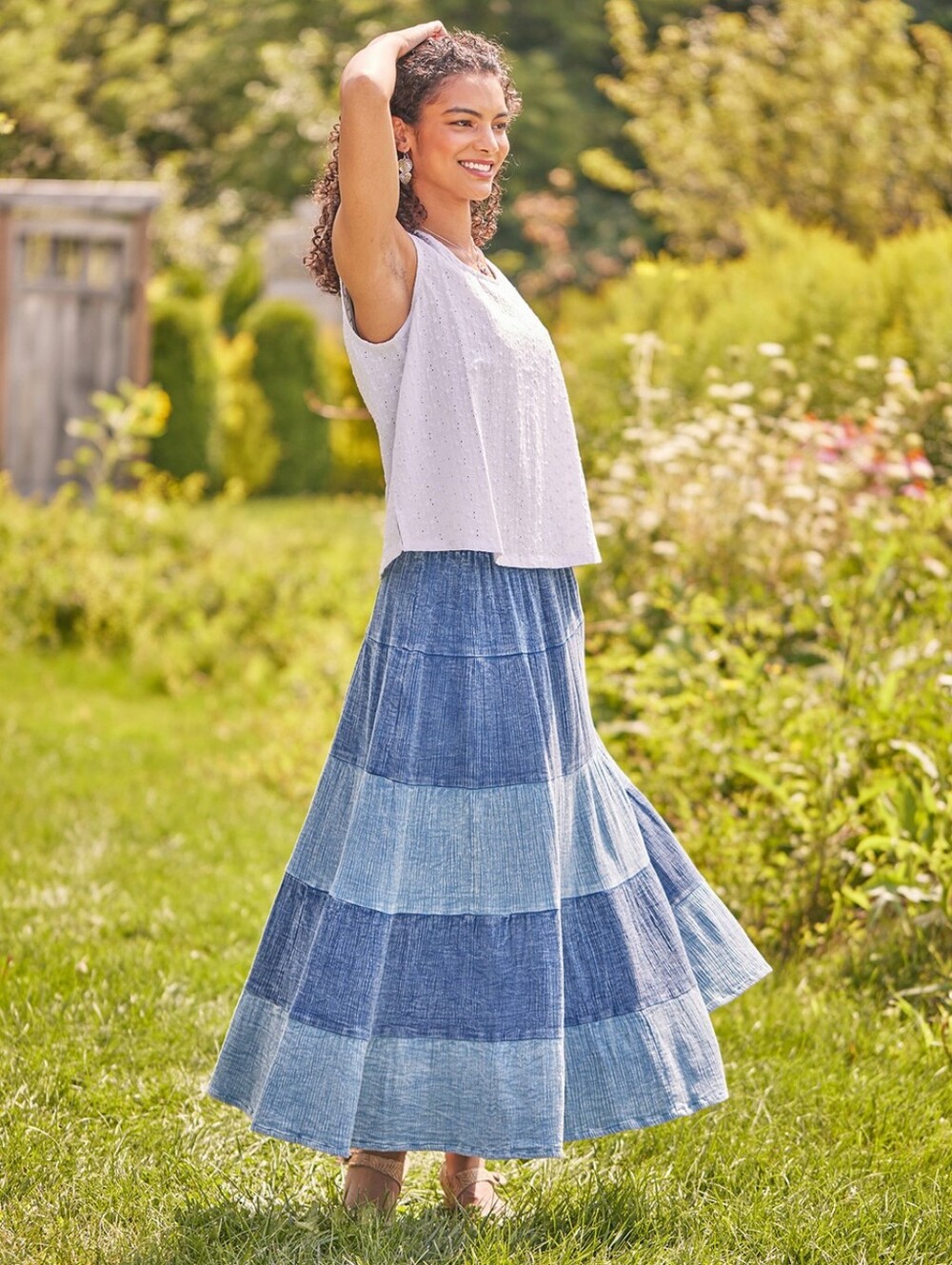 APRIL CORNELL Wander Sunwashed Ink Blue Cotton Gauze Tiered Pull-On Maxi Skirt